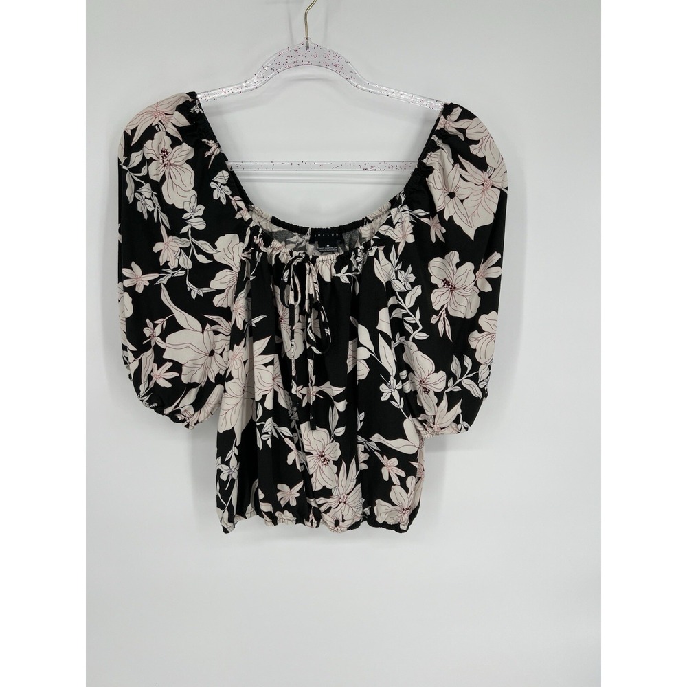 Sanctuary‎ Peasant Crop Top Womens M Tropical Black and White Floral Summer Chic